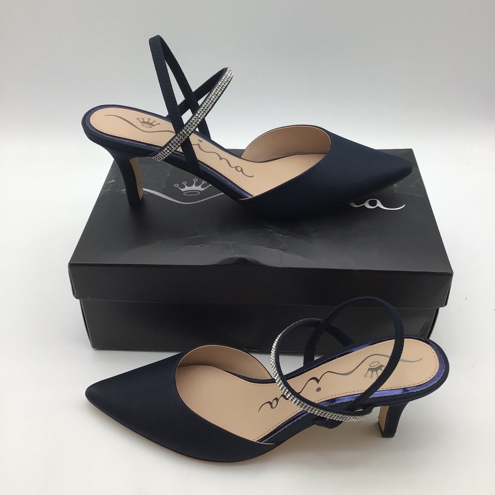 Nina Billie Navy Rhinestone Slingback Kitten Heel Pumps Womens Size 8.5 M NEW